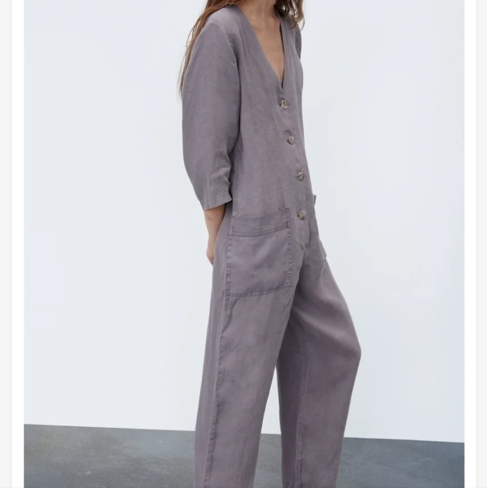 Zara 100% Linen Front Pocket Grey Boiler Jumpsuit  Onesie NWT Size Small